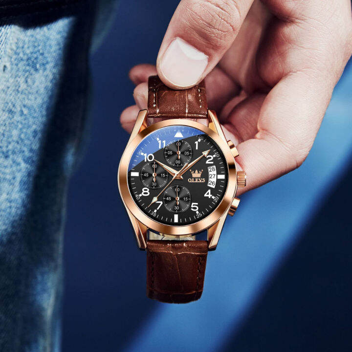 olevs-mens-casual-leather-watch-big-face-chronograph-watch-for-men-fashion-easy-to-read-dress-watch-mens-waterproof-luminous-date-analog-watch-gold-black-white-blue-dial-rose-gold-black-dial-brown-lea