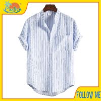 Kemeja Lelaki Men Shirt Stripe Loose Shirt Men Short Sleeve Button Pocket Shirts Casual Beachwear Summer Hawaii Shirt Formal Shirt Beach Fashion Blouse Baju T Shirt Baju Lelaki Tops Men Clothing K