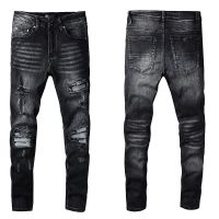 AMIRIˉ Fashion Street Denim กางเกงขายาวลำลอง Micro Bullet Ripped Patch Youth Black Skinny Jeans