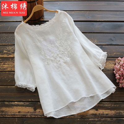 100 CottonWomen Round Neck Embroidery Flower Asymmetrical Hem Blouse