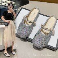 COD PaiHOShiny colored diamond one-character round-toe half-mop 2023 New Spring Fairy style bow toe womens shoes