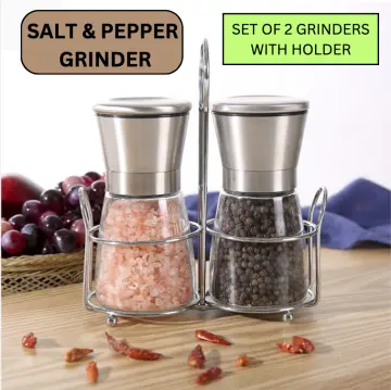 2 PC Salt and Pepper Grinder Set Adjustable Tall Glass Grinder Stainless  Steel