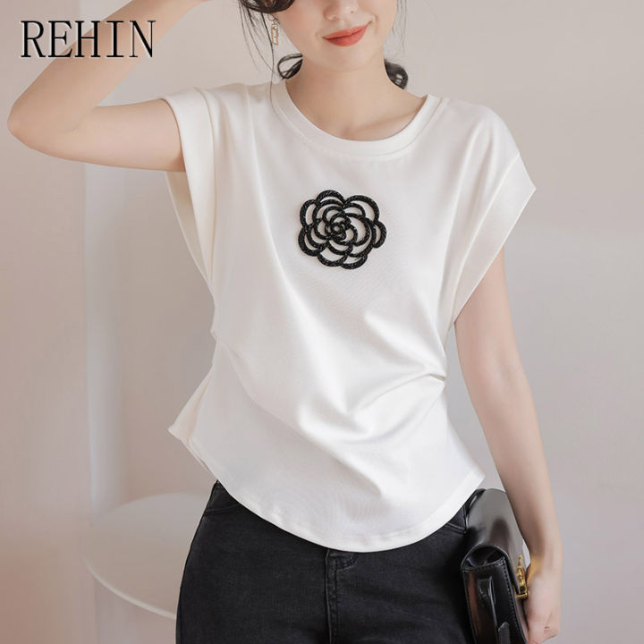 rehin-เสื้อยืดลายดอกคาเมลเลียสำหรับผู้หญิง-เสื้อแขนเสื้อแบบมีปีกสไตล์ใหม่2023รัดเอวลดขนาด