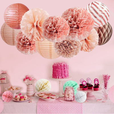 11PCS Mixed Paper Pom Lanterns Honeycomb Ball Hanging Paper Poms Bronzing Round Lanterns Decoration for Wedding Birthday Party