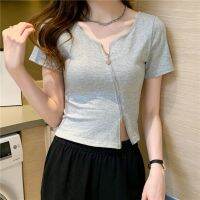 Womens summer solid color zipper T-shirt with cotton short sleeves