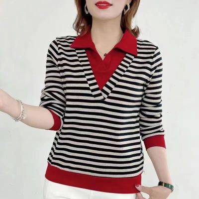 Stripe Polo Collar แขนยาวเสื้อยืดผู้หญิง Stripe Splicing ปลอมสองเสื้อยืดเกาหลีอเนกประสงค์ Casual T-Shirt