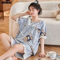 【JH】New Fashion Summer Soft Cotton Sleepwear for Young Girls Kawaii Bear Printing Women Nightwear M-3XL Lace Sleeve Shorts Pajamas