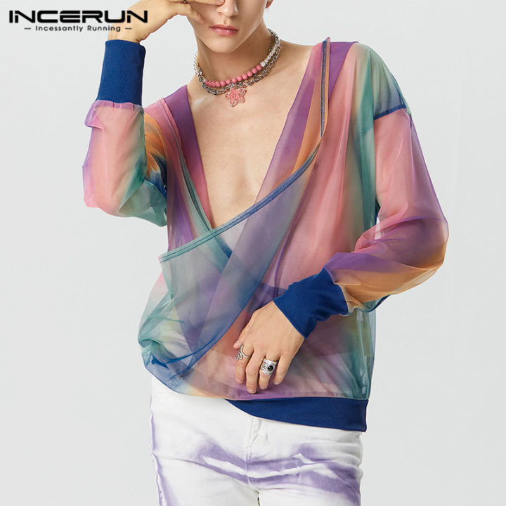 incerun-เสื้อยืดเสื้อฮู้ดตาข่ายคอแกว่งไล่ระดับสีแขนยาวสำหรับผู้ชาย-สไตล์ตะวันตก