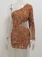 [COD]JillPeri Women One Shoulder Glitter Sequin Mini Dress Waist Cut Out Club Street Wear Celebrity Birthday Party Dress