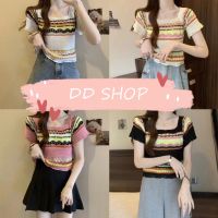 DD SHOPพร้อมส่ง R023 เสื้อถักไหมพรมแขนสั้น คอเหลี่ยม ลายโบฮีเมียน-C