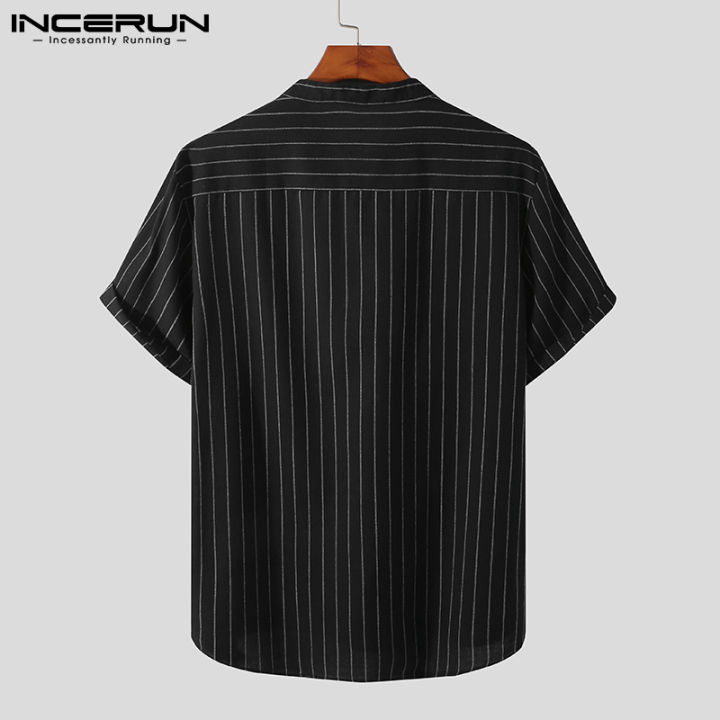 incerun-เสื้อยืดแขนสั้นลายทางสำหรับผู้ชายเสื้อยืดคาร์โก้ใส่ทำงานแบบลำลองหลวมๆ-ผ้าฝ้ายลินิน-3