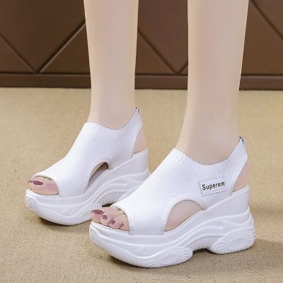 Womens Sandals 2023 Summer Wedge Heel Elastic Cloth Cover Foot Ladies Sandals Thick-soled Fashion Trifle Elevation Casual Shoes