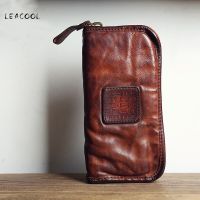 Vintage Handmade Men Genuine Cowhide Leather Clutch Bag Mens Long Purse Big Capacity Cowhide Zipper Wallet With Coin Card Holder