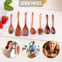 7 PCS Teak Wooden Kitchen Cooking Utensils, Non-Stick Spoons and Spatula Cookware for