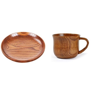 2 Pcs Round Kitchen Utensils: 1Pcs 175Ml Mug Natural Solid Wood Vintage Teacup Coffee Cup amp; 1Pcs Tableware Wooden Bread Dish Tra