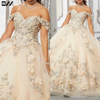 ♙┇ AEOZAD Voluminoso vestido Quinceanera Glitters Floral acentuado tule de baile vestidos cocktail 2023 15