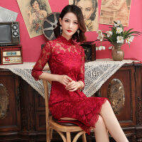 Joso Lace Medium Sleeve Cheongsam 2022ใหม่ความยาวปานกลางดัดแปลงขนาดใหญ่สไตล์จีนจัดเลี้ยงประสิทธิภาพ Slim Daily Cheongsam