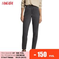 Tangada 2020 women dark gray pants cargo strethy waist pants trousers joggers female sweatpants 6D80