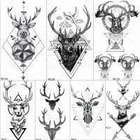 OMMGO เรขาคณิต Elk Antlers ชั่วคราวสามเหลี่ยมรอยสักรอบ Arrow Deer Rhombus Tattoo Body Art Arm Black Fake 3D Tatoos Sticker