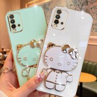 Folding Makeup Mirror Phone Case For Xiaomi Poco M3 Redmi 9T  Case Fashion Cartoon Cute Cat Multifunctional Bracket Plating TPU Soft Cover Casing