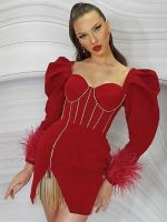 แมนกาลองกาผู้หญิงลำลองคริสตัลไดอะแมนเตส Borla Vermelho Mini Vestido Bodycon Bandagem เซ็กซี่ Elegante De Festa À Noite Estilo Outono 2023