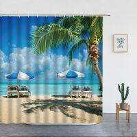 Beach Palm Tree Bath Curtain Sunset Island Hawaii Ocean ภูมิทัศน์ธรรมชาติโพลีเอสเตอร์ตกแต่งห้องน้ำชุดผ้าม่านอาบน้ำ 180 * 180 ซม