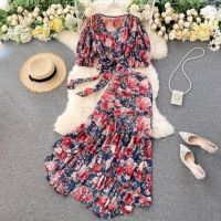 COD SDFSDRGBWWW Bohemian Pink/Blue Floral Print Chiffon 2pcs Set Women Boho Chic Bandage Short Tops High Waist Mermaid Skirt Female Sets 2021