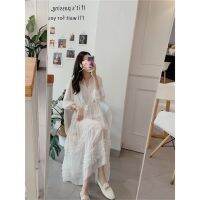 Fungus edge V-neck dress Chaoxian heavy industry Chiffon Dress 2022 new holiday beach large swing skirt women