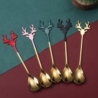 New 1PC Christmas Deer Head Coffee Scoops Stainless Steel Xmas Antlers Ice Cream Desserts Spoon Tableware Stirring Tea Spoons