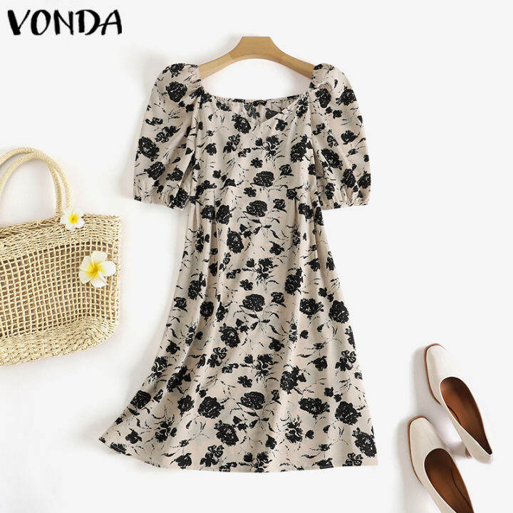 Vonda Women Short Sleeve Square Collar Pleated Dress Floral Printed