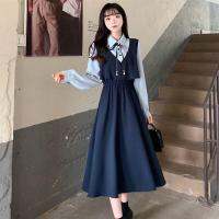 HOT!♈ lmx529 New waist fake two-piece long-sleeved dress Korean version is thin college style sweet mid-length student dress