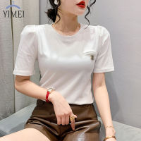 YIMEI MODE Korea Design รู้สึกแขนฟองเสื้อยืดผู้หญิง2023ฤดูร้อนใหม่รอบคอเสื้อคอตตอนสำหรับผู้หญิงเสื้อยืดสีขาวเรียบง่าย