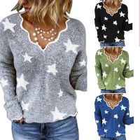 [Free ship] and cross-border 2022 new sweater womens five-pointed star long-sleeved pullover autumn winter V-neck woolen