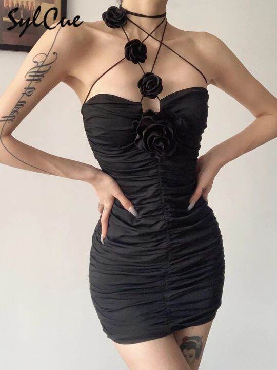 sylcue-black-mysterious-sexy-mature-party-intellectual-feminine-rose-decorative-folds-charming-tight-womens-tube-top-dress