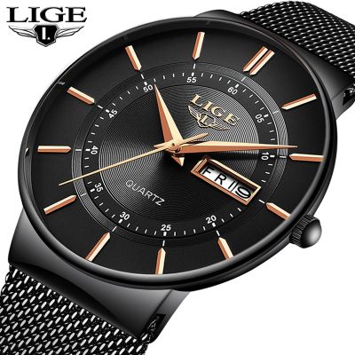 （A Decent035）LIGE MensTopLuxury WaterproofThin Date Clock MaleStrap CasualWatch MenWrist Watch