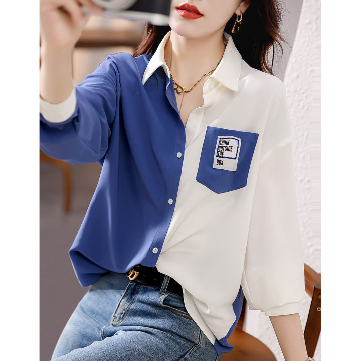 spring-and-autumn-new-long-sleeved-slim-looking-contrast-color-ab-elegant-western-style-shirt-womens-blouse