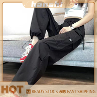 hanshi [2023 new HOT FASHION] lazlook กางเกงคาร์โก้ผู้หญิงเอวสูงยืดได้แบบลำลองมีกระเป๋าขนาดใหญ่