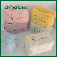 Living idea ★ กระเป๋าเครื่องสําอาง แบบพกพา สําหรับเดินทาง ผ้าขนหนูนิ่ม สไตล์เกาหลี แฟชั่นสําหรับผู้หญิง สีหวานน่ารัก