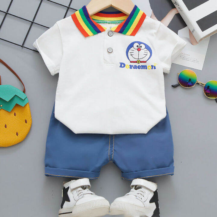 redcloudเด็ก-กางเกงขาสั้นเสื้อยืดเด็ก2ชิ้น-เซ็ตปกแขนสั้น
