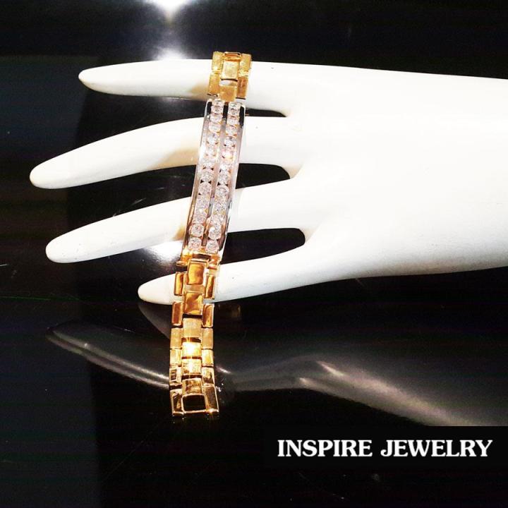 inspire-jewelry-สร้อยข้อมือฝังเพชรสวิสเรียงสองแถว-หรือสามแถว-ให้เลือกใส่-เลตเพชรสวิส-น้ำงามเกรด-aaa-งานจิวเวลลี่-ยาว-18-gold-plated-diamond-clonning