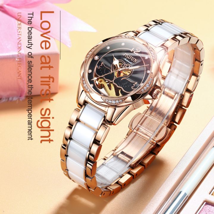 JSDUN Women Casual Watches Diamond Hollow Heart Swan Shape