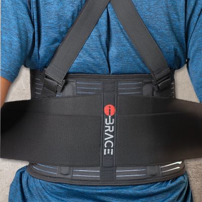 iBrace Back Support 🇺🇸 Premium Back Brace and elastic Support Belt with Dual Adjustable Straps (black) ไอเบรซ เข็มขัดพยุงหลัง เข็มขัดสำหรับยกของหนัก พร้อมสายคาดบ่า สีดำ