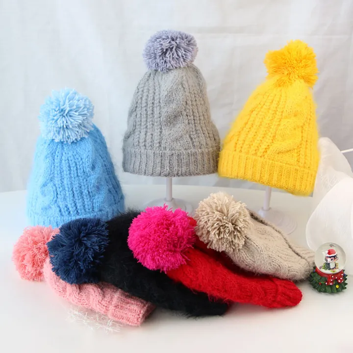 Plain Autumn Winter Baby Hat Kids Girls Boys Plush Ball Beanie Cap