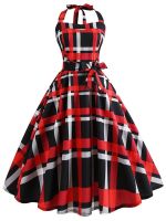 Plaid Print Halter Strapless Women Dress Summer Sexy Backless Party Dresses Ladies Elegant Vintage Rockabilly Vestido