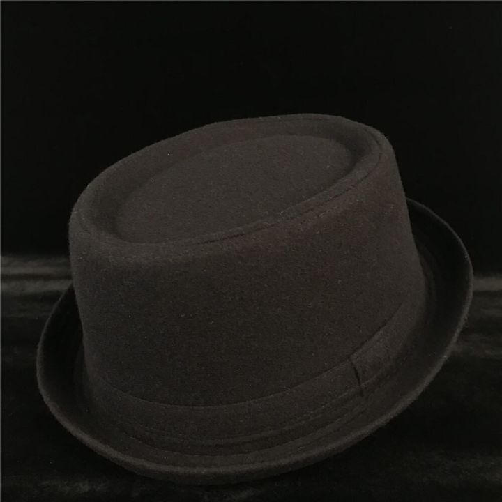 หมวกคุณพ่อขนสัตว์100-หมวกผู้ชายปีกกลมแบนผู้ชายสำหรับหมวกฟางสีดำพ่อสุภาพบุรุษเสื้อทรงตื้นทรงแบนเสื้อ-porkpie-ขนาดหมวกแนวแจ๊ส-s-m-l