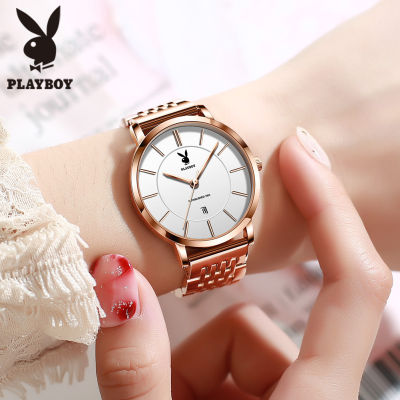 Playboyนาฬิกาควอตซ์ของแท้สำหรับผู้หญิง,นาฬิกาแฟชั่นสเตนเลสสตีลแบบลำลองสามารถกันน้ำได้มีปฎิทินหน้าปัดสุดหรูสีน้ำเงิน/ขาว/ดำ