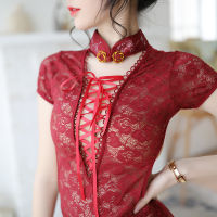 【CW】Beauty Backless Mini Qipao Dress Woman Nightgown Chinese Style Pajamas Party o Uniform R Sexy Lace Cheongsam Nightdress