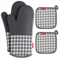 Gloves Non-Slip Oven Mitts 2 Cotton Pot Holders Heat Resistant Silicone for Kitchen Cooking Baking Grilling Barbecue