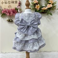 Vintage Pure Cotton Handmade Gray Bow Lolita Princess Dress For Small Medium Dogs Yorkshire Teddy Puppy Dog Clothing Pet Clothes Dresses