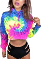 LovingPod Cropped Tie Dye Sweatshirts Women Short Navel Sexy Long Sleeves Ombre Rainbow Printed Hoodie Casual Pullover Shirt